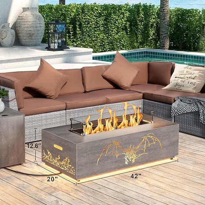 42" Propane Fire Pit table with LED Light - 50,000 BTU with Wind Guard, Lid, Rocks and Cover - Gas Fire Pits for Outside Patio - Fire Pit Tables for Outside Patio (Grey/Dragon Cutout, 42" LED)