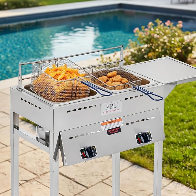 ZPL Kitchenware Deep Fryer – Propane Deep Fryer for Outdoor- 18 Qt Stainless Steel Commercial Quality Double Fryer with Baskets, Lids & Hose - Ideal for Frying Fish, Wings, and More