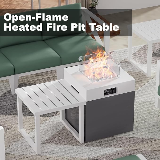 22" Aluminum Fire Pit Table, 37,000 BTU Gas Firepit for Outdoor Patio Deck and Garden, CSA Certified Fire Pit with Lid, Waterproof Cover, Glass Wind Guard and Glass Stone, White