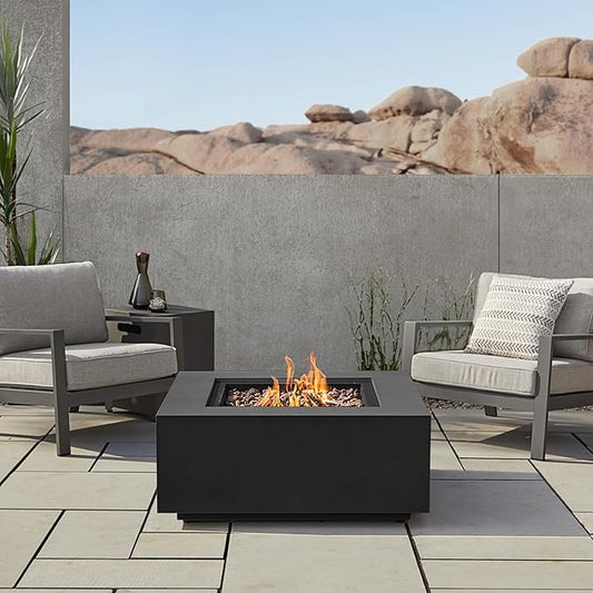 Real Flame Aegean 36”in Square Propane or Natural Gas Fire Pit Table, 50,000 BTU, Powder-Coated Steel, Push-Button Ignition, CSA Certified, Lava Rock, Storage Cover, Stainless Steel Burner with Lid