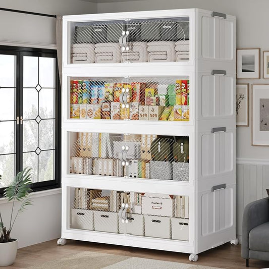 480QT Plastic Stackable Storage Bins with Lid, 120GAL Extra Large Collapsible Box with Wheels Clear Door, Foldable Closet Organizer Container Cabinet Drawer for Home Kitchen，4Pack, White