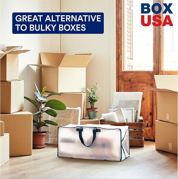 BOX USA 4 Pack Extra Large Clear Moving Bags with Handles & Zippers | Heavy Duty Storage Totes, Packing, Dorm Room Essentials & College Space Saving