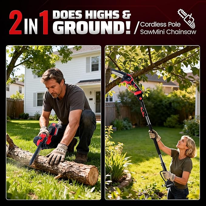 Autubin 6'' Cordless 2-in 1 Pole Saw Mini Chainsaw, Extendable Electric Pole Saw for Tree Trimming, Brushless Motor, Battery Operated with 2*4.0Ah Batteries&Charger, Extension Pole for 16 FT Max Reach
