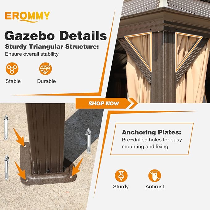 EROMMY 12' x 12' Gazebo Hardtop Double Roof Galvanized Steel Gazebos with Netting and Curtains Outdoor Aluminum Frame Permanent Metal Pavilion for Patio Backyard Deck and Lawns