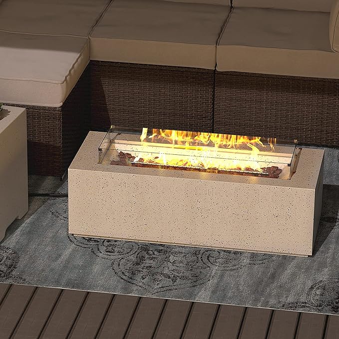 SUNBURY Outdoor Propane Fire Pit Coffee Table, 42 Inch Rectangular Firepit Table w Wind Guard, 40,000 BTU Spotted White Concrete Patio Gas Heater Fire Table w Free Waterproof Cover, Lava Rocks