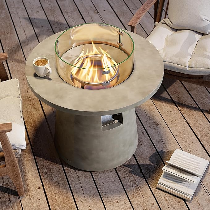 HOMPUS Outdoor Fire Pit Gray Propane Fire Table 31 inch Round Concrete Propane Fire Pit with Rain Cover 40,000 BTU Gas Smokeless Firepit for Outside Patio,Garden,Deck,Backyard