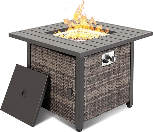 Nuu Garden 30 inch Outdoor Propane Fire Pit 50,000 BTU Gas Fire Pit Table with Lid, Hand-Woven Wicker, Square Gas Fire Table with Glass Beads for Garden, Patio, CSA Certification