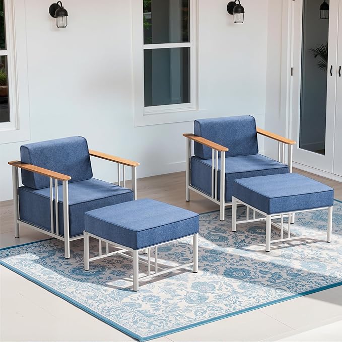 Luxury Patio Chairs with 10" Extra Thick Cushions, Outdoor Chairs with Ottomans, 4 PCS Outdoor Furniture Set for Porch, Balcony, Deck, Patio, Yard, Poolside, White/Blue