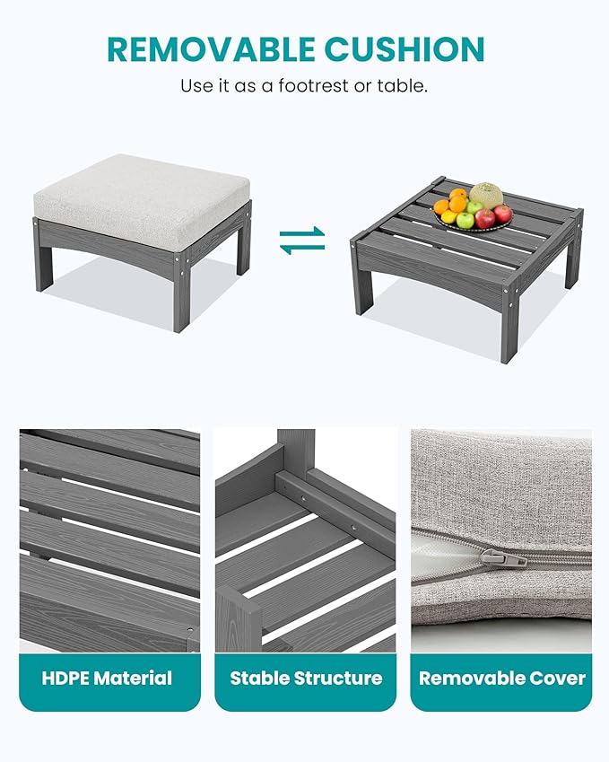 SERWALL 9 Pieces Patio Sofas, All-Weather HDPE Outdoor Sectional Sofa with Cushions and Coffee Table, Extra-Large Modular Conversation Set for Patio, Garden, Deck, Grey Frame with Khaki Cushion