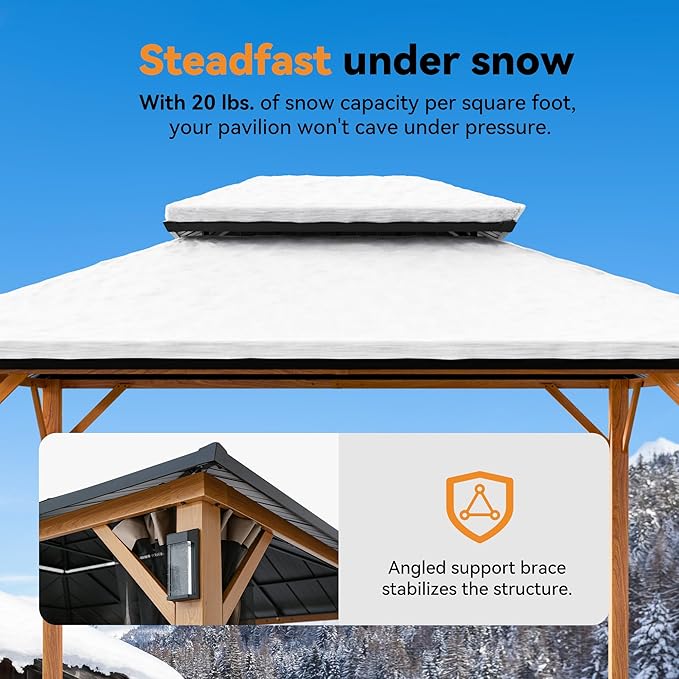 Modern Shade The Horizon Hardtop Gazebo 10' x 12' with 4 LED Lights, Permanent Outdoor Gazebo with Galvanized Steel Double Roof, Grill Pavilion with Decor Hooks, Mosquito Nettings, Wood Grain