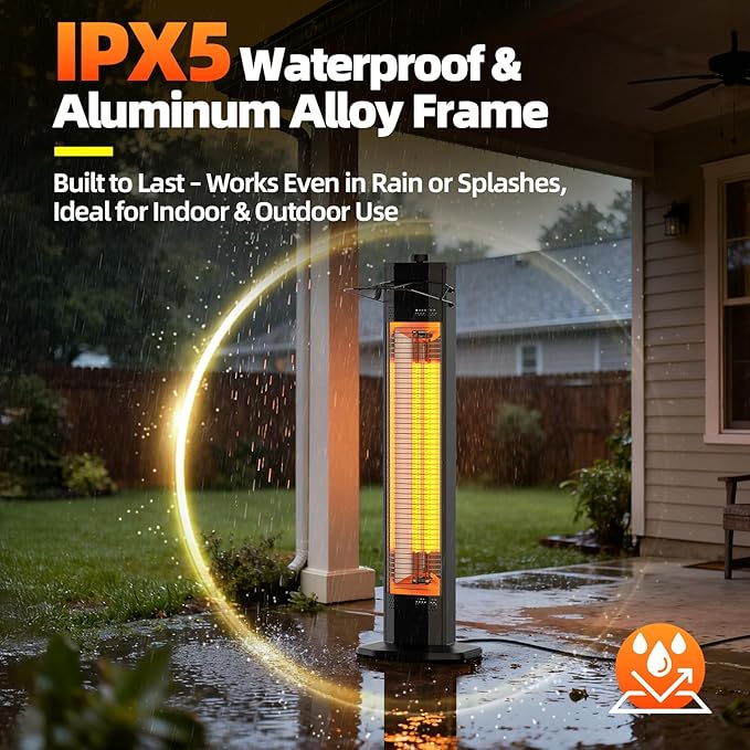 Patio Heaters for Outdoor Use, Haimmy 34-Inch 1500W Indoor & Outdoor Electric Infrared Heater with 3 Heat Levels, IPX5 Waterproof, Tip-Over & Overheat Protection, Instant Heating for Patio, Garage