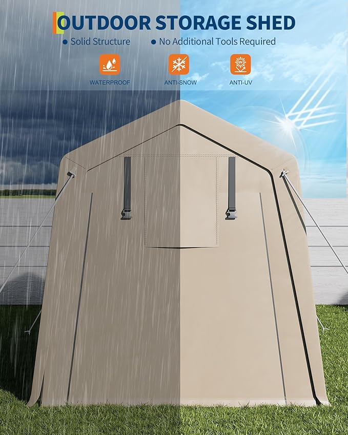 7 x 10 Ft Carport Portable Storage Shed Outdoor Tarp Sheds with Roll-Up Door, Bike Shed Storage Tent for Motorcycle, Garden Tools Khaki