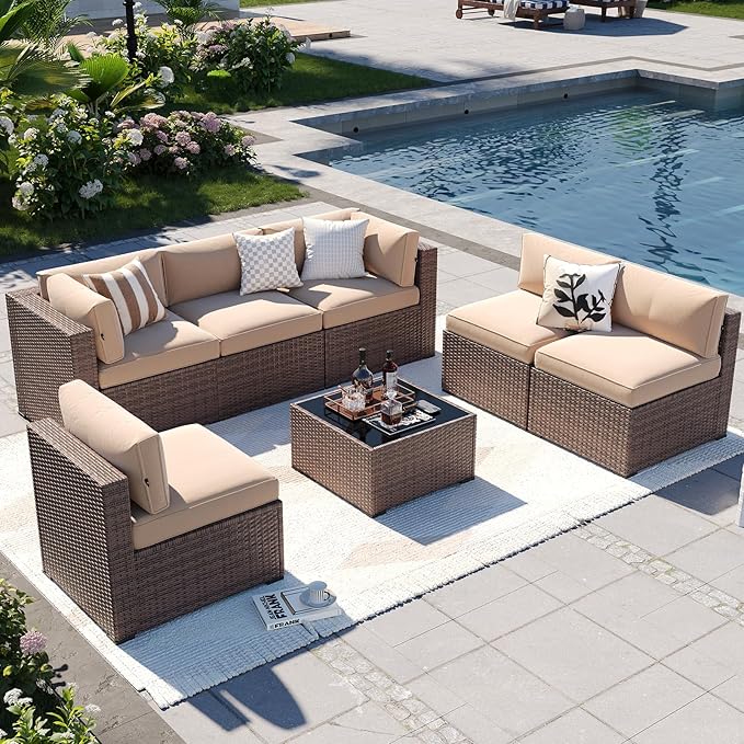 Aoxun Patio Furniture Sets, 7-Piece Outdoor Patio Furniture with Thick Cushions, Wicker Outdoor Conversation Set Sectional Sofa for Backyard, Poolside, Garden