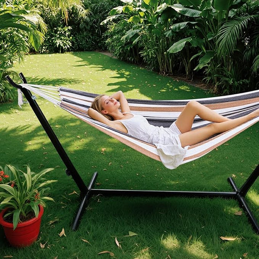 Sweetcrispy Double Hammock with Space Saving Steel Stand Heavy Duty 2 Person Standing Hammocks 450lb Capacity for Outside Garden Yard with Portable Carrying Bag