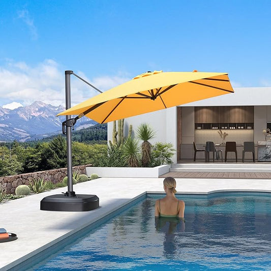 PURPLE LEAF 8' X 8' Patio Umbrella with Wheeled Base for Pool 7' High Offset Outdoor Cantilever Umbrella Swimming Pool Umbrella with 360°Rotation for Poolside Yellow