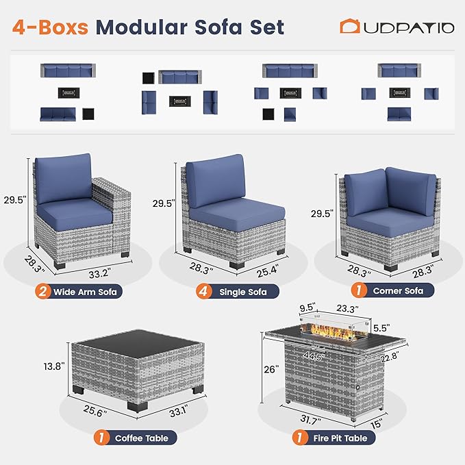 UDPATIO Patio Furniture Set with Fire Pit Table, 8 Inch Armrest Outdoor Sectional Sofa, 9 Piece Wicker Outdoor Furniture Conversation Sets with Waterproof Cover for Backyard Deck(Grey/Navy Blue)