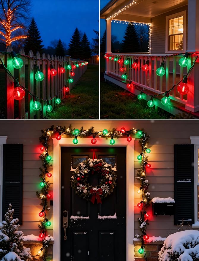 Pallerina 50Ft Clear Red and Green Outdoor LED Lights,G40 Globe Patio Christmas String Lights with 25 Colorful Bulbs(2 Spare),Outside Christmas Hanging Lights for Christmas Tree Roofline Holiday Party