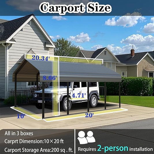 Heavy Duty Metal Carport 10x20 ft Galvanized Steel Frame RV Carport Storage All Weather Shelter Easy Assembly for 2 Car Extra Large Canopy for Dual Vehicle Boat Protection Garage (10x20 FT)
