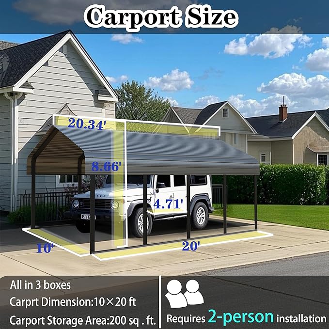 Heavy Duty Metal Carport 10x20 ft Galvanized Steel Carport Shelter for Car Extra Large Canopy for Dual Vehicle, RV Boat Storage All Weather Protection Garage Party Tent (10x20 FT)