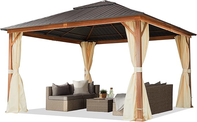 TOOLPORT Hardtop Gazebo 13x13 ft - Wood-Effect Finish - Steel Roof - 4 Side Panels in Champagne