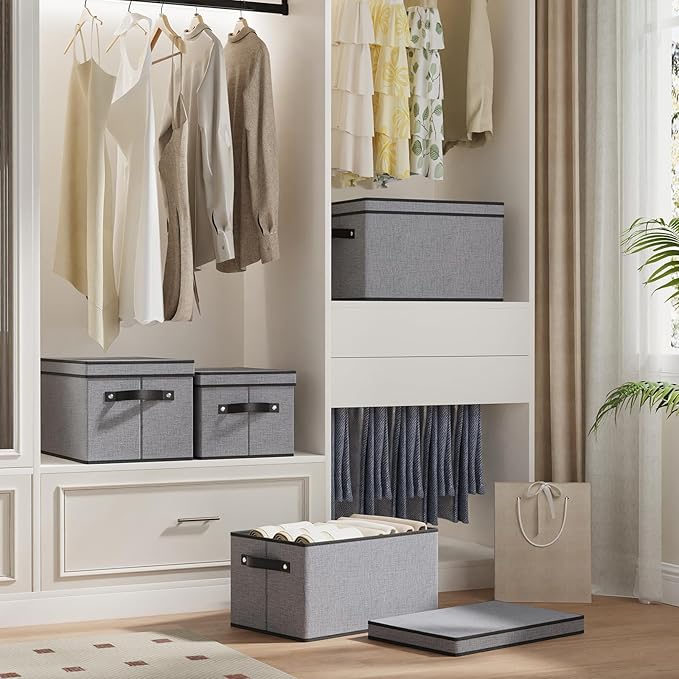Storage Boxes with Lids, Decorative Linen Storage Bins for Shelves, Fabric Closet Organizer with Handles, Gray, 16.5 x 11.8 x 10.2 Inch, 3-Pack