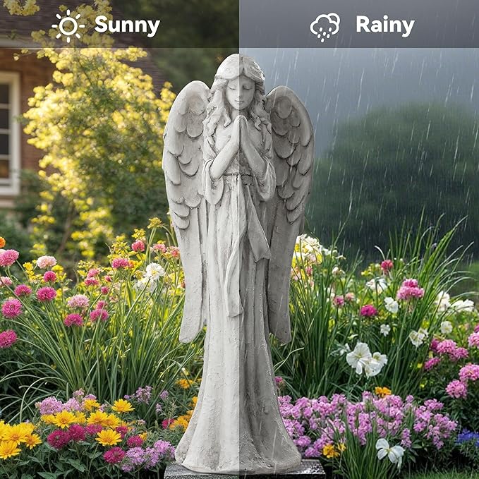 Ultym Praying Angel Statue for Outdoor Garden, 26.4 Inch Large Heavenly Memorial Sculpture,Durable MGO Stone Standing Angels for Yard, Patio or Cemetery Decor,Offering Comfort & Peace, Antique White