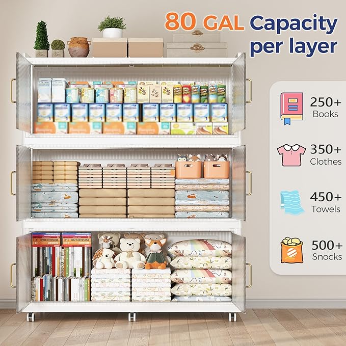 960QT Extra Large Storage Bins with Lid and Wheels, 240Gal Stackable Closet Organizers and Storage Cabinet, Collapsible Storage Box Drawer with Doors for Home Kitchen Office Dorm, 3Pack White
