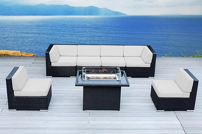 7 Piece Outdoor Patio Furniture Black Wicker Conversation Set with Fully Assembled Sectional and 42-inch Propane Gas Fire Table