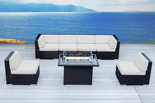 7 Piece Outdoor Patio Furniture Black Wicker Conversation Set with Fully Assembled Sectional and 42-inch Propane Gas Fire Table