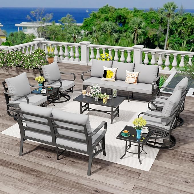9 Piece Patio Furniture Set, 4 Single Swivel Chairs, Rope Braided Exposed with Thick Cushions, Outdoor All Weather Patio Conversation Sectional Sofa Set for Garden, Porch, Lawn, Grey