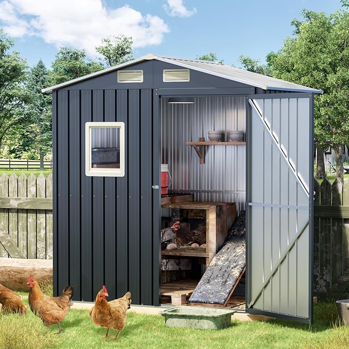Update Version 6x4 FT Outdoor Metal Storage Shed, Single Door, 1 Clear Window, Tool Shed for Garden, Patio, Backyard Brown