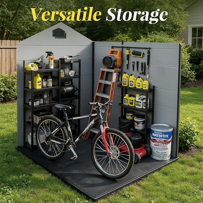 8x4ft Resin Outdoor Storage Shed with Floor and 2 Windows, Plastic Sheds & Outdoor Storage Clearance for Patio Furniture, GardenTools, Lawn Mower and Bike Accessories, Black+Grey