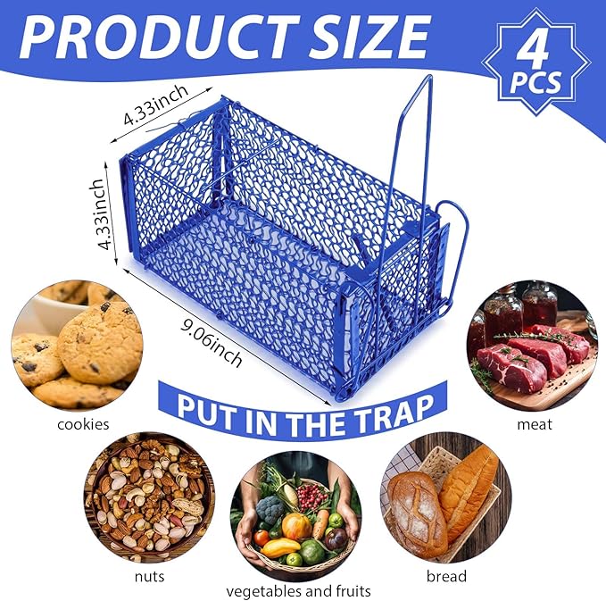 Qualirey 4 Pcs Humane Rat Trap Chipmunk Squirrel Cage Trap Foldable Rodent for Small Live Animal Voles Hamsters Catch and Release for Kitchen Yard Garage Indoors Outdoors (Blue)