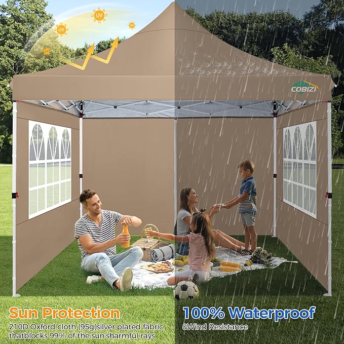 COBIZI 10x10 Pop Up Canopy with 3 Sidewalls, Canopy Tent 10x10 for Parties, Backyard, Commercial, Waterproof and Portable Instant Shelter UV50+ Ez Outdoor Canopy Gazebo with 4 Sandbags(Khaki)