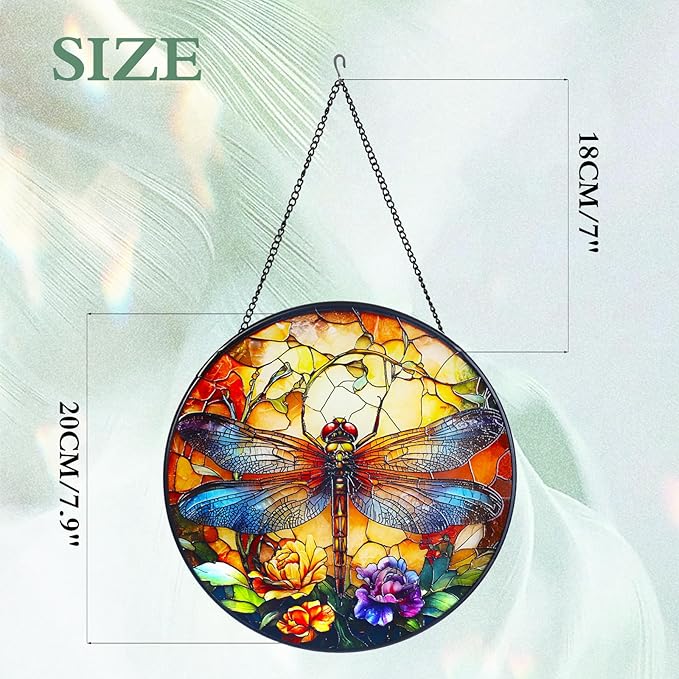 Wkyqes Dragonfly Handmade Stained Glass Window Hanging Suncatcher with Chain - 7.9" Outdoor/Indoor Art Decor for Home Garden, Wedding, Mother's, Valentine's & Christmas Ornaments Present
