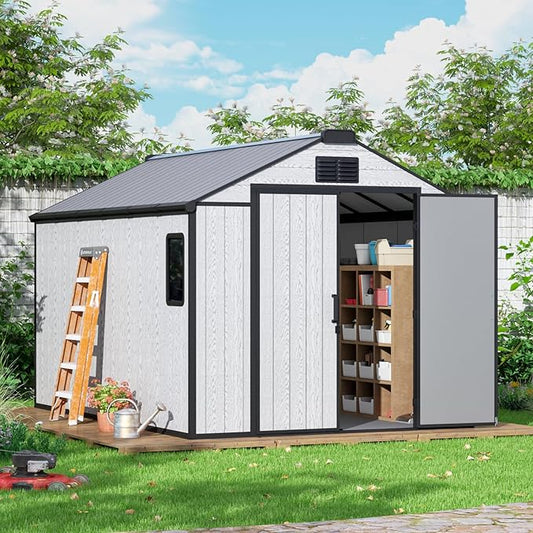 MELLCOM 8 x 12 FT Outdoor Resin Storage Shed with Floor, Garden Storage Shed with Windows and Lockable Door, Resin Tool Shed for Lawnmower, Bike, Pool Supply
