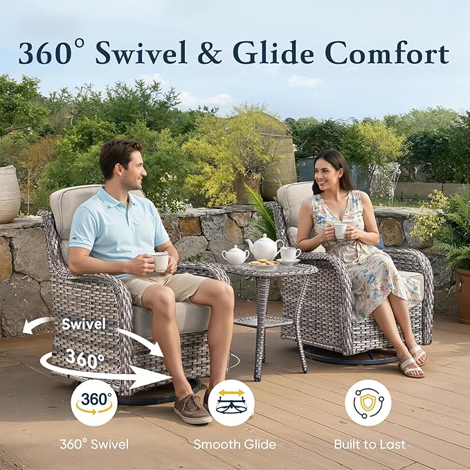 Belord Luxury 6" Thick Cushioned Outdoor Swivel Rocker Patio Chairs with Side Table, 3 Pieces High Back Wicker Furniture Set with Ergonomic Back, Conversation Gliders Set for Deck Porch - Grey+Beige