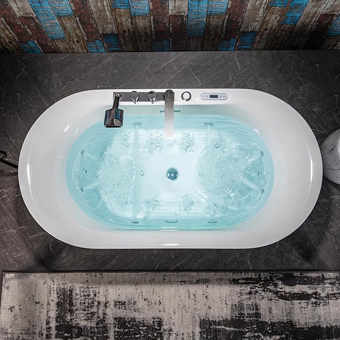 WOODBRIDGE 59" x 31-1/2" Whirlpool Water Jetted and Air Bubble Freestanding Heated Soaking Combination Bathtub with Faucet,BJ-100+F0041