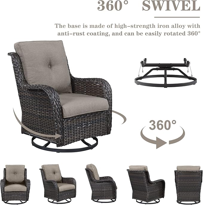 Belord Outdoor Wicker Furniture Patio Set - 7 Piece Backyard Furniture Brown Rattan Conversation Sets with Swivel Rocker Chairs, Rattan Sofa, Club Chairs and Coffee Table, Grey Cushion
