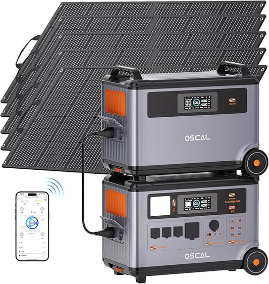 Powermax 6000W(9000W Peak) Portable Solar Power Station with 5 * 100W Solar Panels, 3600Wh LiFePO4 Battery with 3600Wh Expansion Battery Pack, 2400W Charging Generator for Camping, Home, Emergency