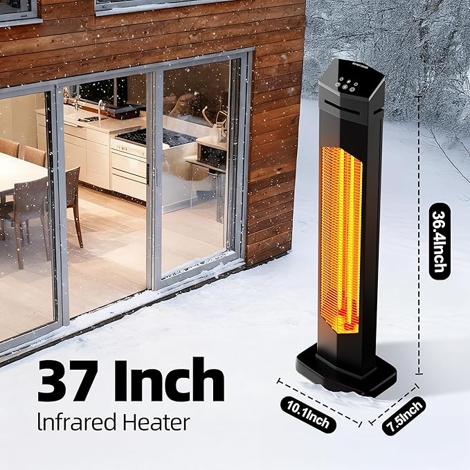 AKIRES Outdoor Electric Patio Heater,37IN 1500W Infrared Tower Heater with Instant Heating,Tip-Over & Overheat Protection,IP54 Waterproof Space Heater For Patio Garage Indoor & Outdoor Use,Matte Black