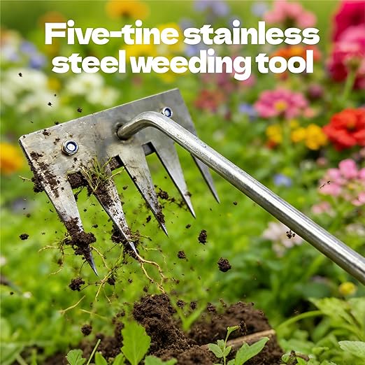 2Pcs Weed Puller Tool, 2026 Portable Manual Weeding Tools Gardening, 5 Teeth Head Stainless Steel Hand Garden Weeding Rake, Weed Remover Tool for Gardening Backyard Yard Farm Planting Weeding