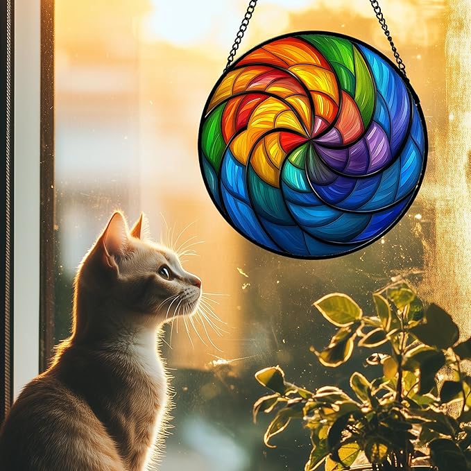 QZQCBLC Stained Glass Window Hanging Rainbow Colored Abstract Vortex Large 15" - Suncatcher Door Garden Sun Catcher Home Decor Birthday Christmas for Woman Nana Friend Men