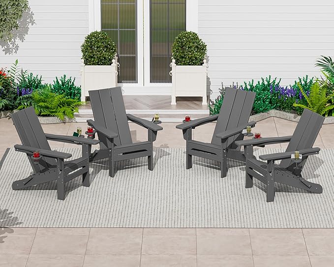 SERWALL Outdoor HDPE Adirondack Chair Set 4, Modern Folding Adirondack Chair with Cup Holders, Weather Resistant Fire Pit Chairs, Gray