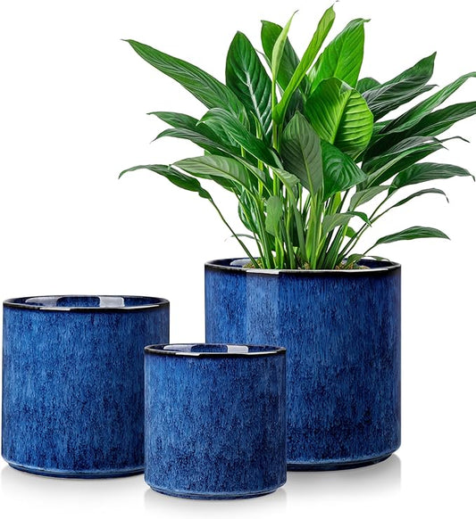 vancasso 6"+8"+10" Ceramic Pot for Plants, Large Outdoor Indoor Planter Pots with Drainage Holes, Set of 3, Blue