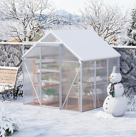 GarveeHome 6 x 6 FT Polycarbonate Greenhouse, Winter Greenhouses for Outdoors with Aluminum Frame, Sliding Door, Adjustable Roof Vent, Backyard Green Houses, Patio Garden, Silver