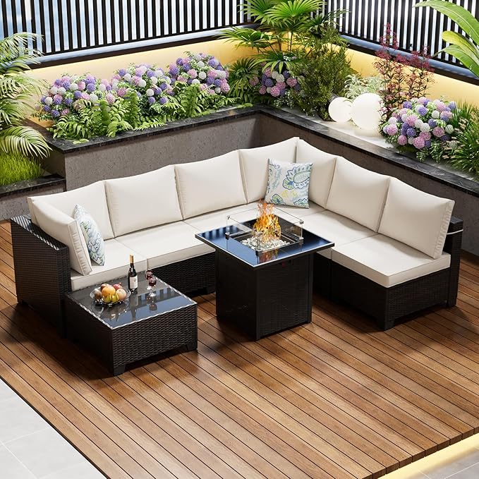 Patio Furniture Set with Fire Pit Table, 8-Piece Outdoor Furniture Sofa Set with Thick Cushions, Wicker Sectional Sofa for Porch Garden Backyard, Brown/Beige