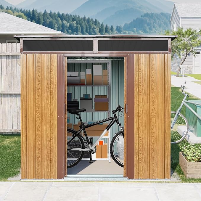 6X5 FT Outdoor Storage Shed, Waterproof Metal Garden Sheds with Lockable Door, Steel Tool Storage Buildings Shed & Outdoor Storage House for Garden, Backyard, Patio, Lawn, Trash Cans(Coffee)