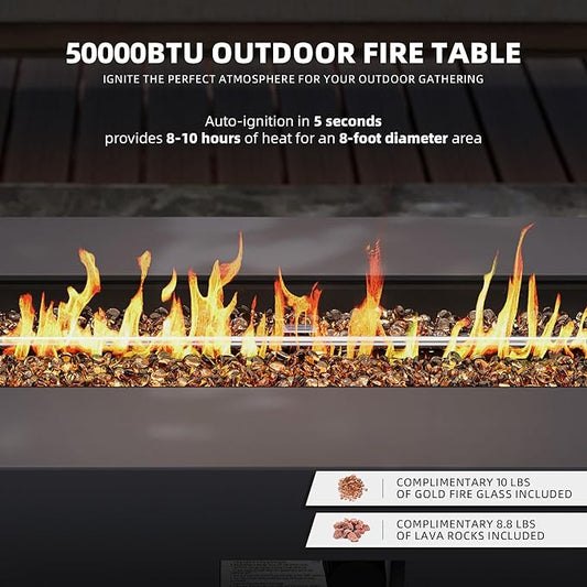 UPHA 42-inch Outdoor Propane Gas Fire Pit Table 50000 BTU Iron Rectangle Firepit for Outside Patio with Tank Hidden Table, Removable Lid, Gold Glass Rocks, Rain Cover, Grey