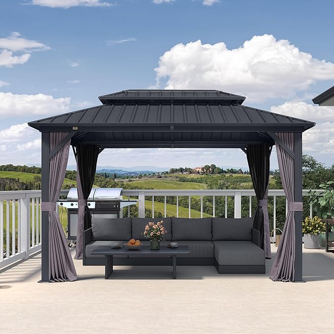 PURPLE LEAF 8' X 12' Permanent Hardtop Aluminum Gazebo with Double Galvanized Steel Roof Removable Netting Curtains and Ceiling Hooks for Patio Lawn Backyard Deck Garden Grey